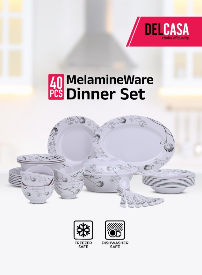ديلكاسا طقم عشاء ديلكاسا 40 قطعة من الميلامين | يشمل طبق بيضاوي، أطباق عميقة، سلطانيات دائرية، أطباق شوربة، سلطانيات، ملاعق أرز وملاعق طاولة | آمن للغسل في غسالة الصحون وصديق للفريزر | صديق للبيئة وآمن للطعام | زهور سوداء - Image 5