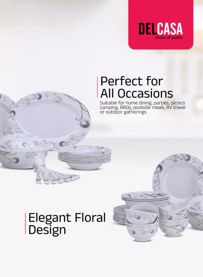 ديلكاسا طقم عشاء ديلكاسا 40 قطعة من الميلامين | يشمل طبق بيضاوي، أطباق عميقة، سلطانيات دائرية، أطباق شوربة، سلطانيات، ملاعق أرز وملاعق طاولة | آمن للغسل في غسالة الصحون وصديق للفريزر | صديق للبيئة وآمن للطعام | زهور سوداء - Image 3