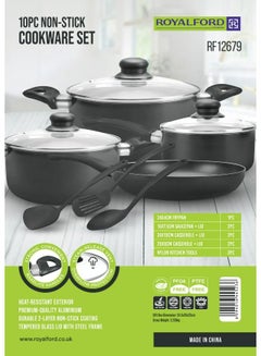 Royalford 10-Piece premium quality Aluminum heat -Resistant exterior Non-Stick Cookware set, durable 2 layer non stick coating , tempered glass lid with steel frame , Includes 2xCaaserole With Lids (24 cm & 20cm), 1x Sauce Pan with Lid (16 cm), 1xFrying Pan (24 cm), 3xNylon kitchen tool | black color Black 54.5x33x20 cm  - Image 4