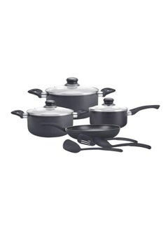 Royalford 10-Piece premium quality Aluminum heat -Resistant exterior Non-Stick Cookware set, durable 2 layer non stick coating , tempered glass lid with steel frame , Includes 2xCaaserole With Lids (24 cm & 20cm), 1x Sauce Pan with Lid (16 cm), 1xFrying Pan (24 cm), 3xNylon kitchen tool | black color Black 54.5x33x20 cm  - Image 1