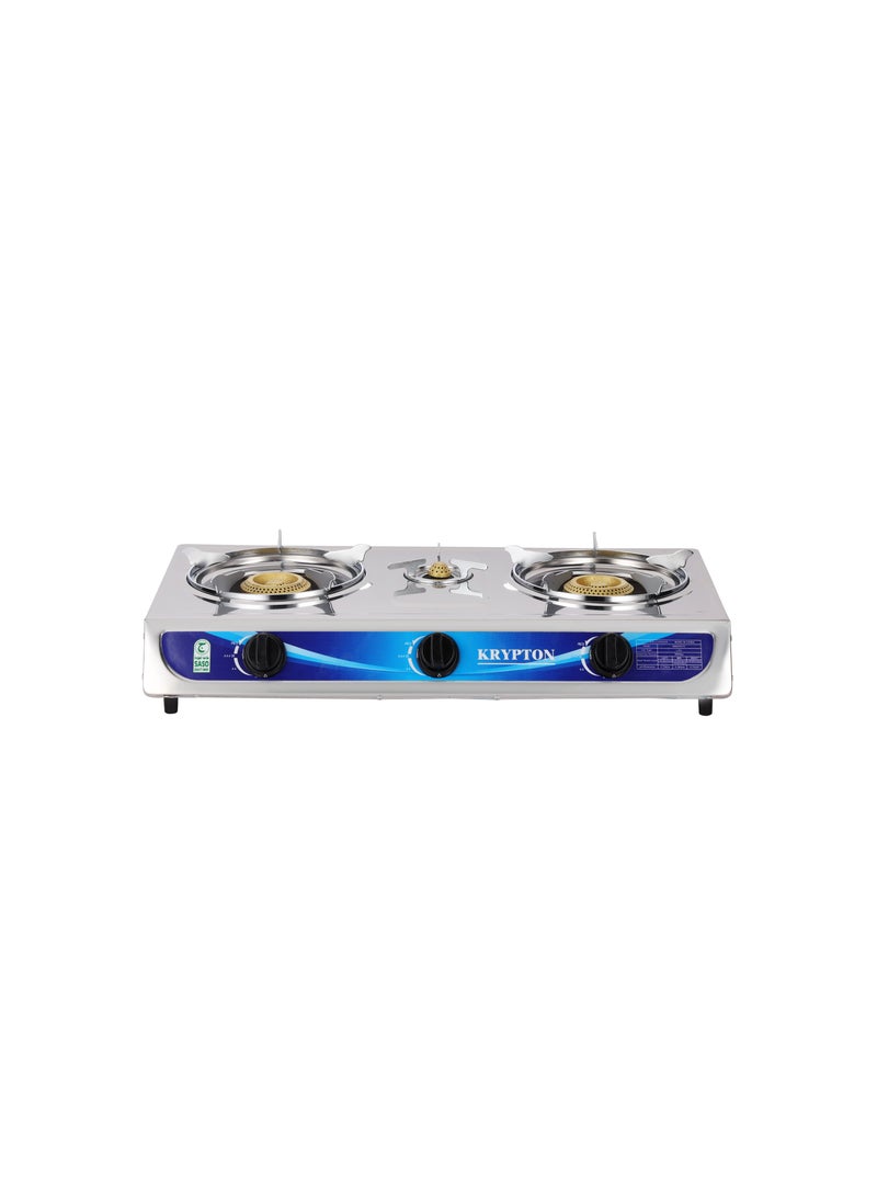 KRYPTON Stainless Steel Triple Burner Gas Stove | Low Gas Consumption, Efficient Heating, Auto Piezo Ignition | LPG Compatible KNGC6171 Silver  - Image 1