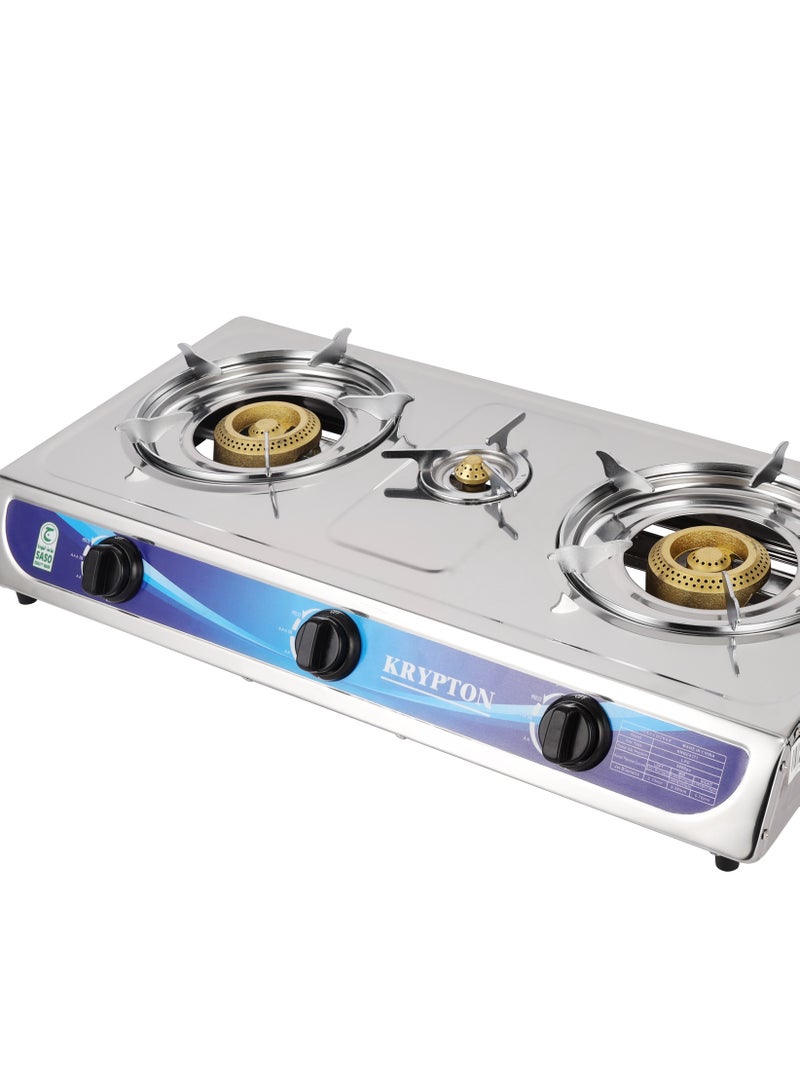 KRYPTON Stainless Steel Triple Burner Gas Stove | Low Gas Consumption, Efficient Heating, Auto Piezo Ignition | LPG Compatible KNGC6171 Silver  - Image 2