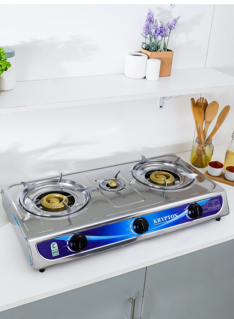 KRYPTON Stainless Steel Triple Burner Gas Stove | Low Gas Consumption, Efficient Heating, Auto Piezo Ignition | LPG Compatible KNGC6171 Silver  - Image 4