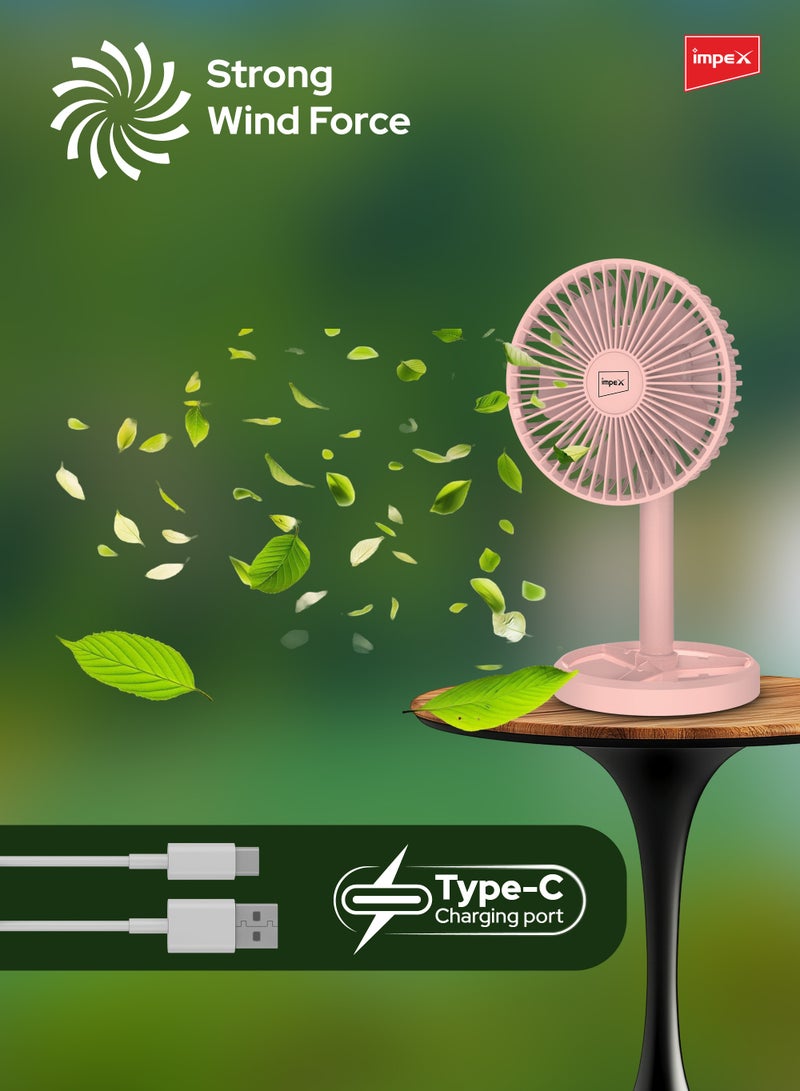 Impex Mini Fan 5 Inch Rechargeable with 3600mAh Battery, Strong Wind Force, Type C Charging Port, 3-Stage Speed Control, Rotary Design, Portable Cooling, 5V DC Input Breeze D5 Pink  - Image 3