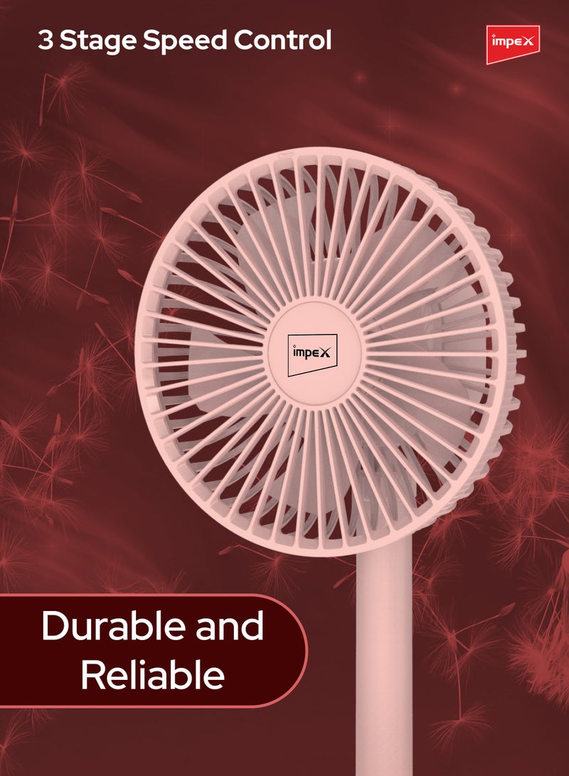 Impex Mini Fan 5 Inch Rechargeable with 3600mAh Battery, Strong Wind Force, Type C Charging Port, 3-Stage Speed Control, Rotary Design, Portable Cooling, 5V DC Input Breeze D5 Pink  - Image 5