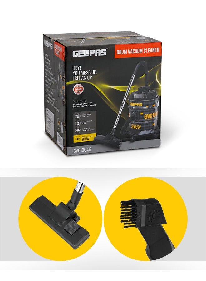 GEEPAS Drum Vacuum Cleaner With Powerful Suction, Dry & Blow Function, Full Indicator/Perfect For Home, Office, Apartments 18 L 2000 W GVC19045 Black/Yellow  - Image 5