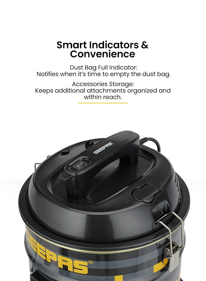 GEEPAS Drum Vacuum Cleaner With Powerful Suction, Dry & Blow Function, Full Indicator/Perfect For Home, Office, Apartments 18 L 2000 W GVC19045 Black/Yellow  - Image 2