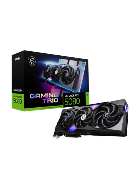 GeForce RTX 5080 16G GAMING TRIO OC, 16GB GDDR7, 10752 CUDA Cores, 30 Gbps Memory Speed, 256-bit Memory Bus, PCIe Gen 5, 2715 MHz Core Clock, 4K/8K Resolution Support, 360W Power Consumption, 850W PSU Recommended, HDMI 2.1b, DisplayPort 2.1b, 7680x4320 Max Resolution, G-SYNC, HDCP Support | 912-V531-026 Black