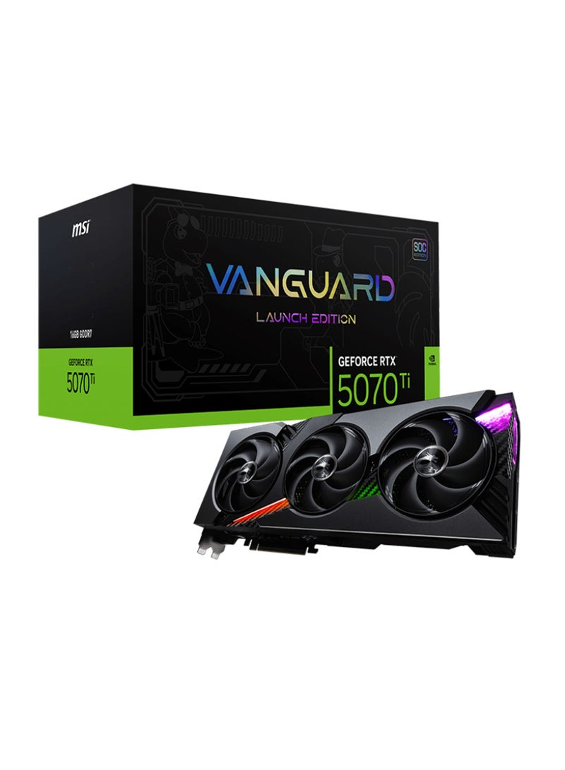 MSI - GeForce RTX 5070 Ti 16G VANGUARD SOC LAUNCH EDITION - NVIDIA GeForce RTX 5070 Ti, 8960 CUDA Cores, 16GB GDDR7, 28 Gbps Memory Speed, 256-bit Memory Bus, PCIe Gen 5, Core Clocks: 2602 MHz (Extreme Performance), 2588 MHz (Boost), 300W Power Consumption, 4 Display Outputs (3x DP 2.1b, 1x HDMI 2.1b), HDCP Support, DirectX 12 Ultimate, OpenGL 4.6, G-SYNC Technology Grey - Image 1