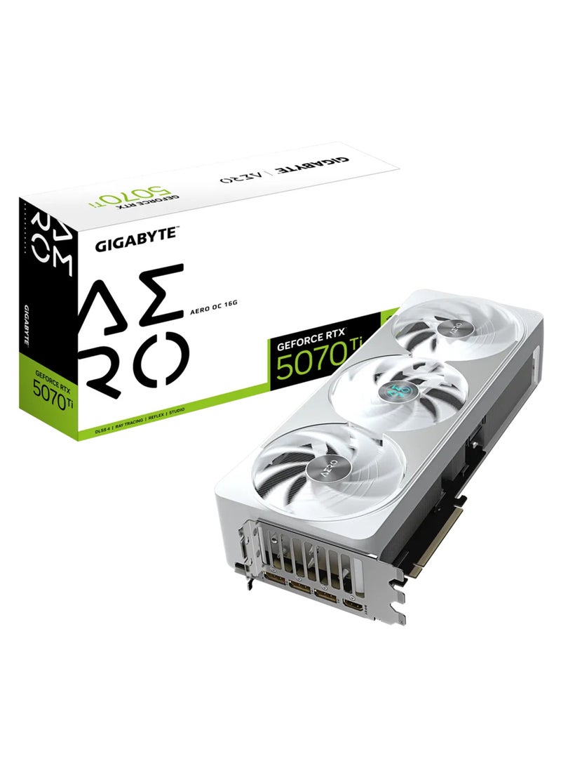 جيجابايت - GeForce RTX™ 5070 Ti AERO OC 16G Graphics Card - NVIDIA Blackwell Architecture, 16GB GDDR7, 256-bit Memory, 28 Gbps Memory Clock, PCI-E 5.0, 7680 x 4320 Digital Resolution, 4 Multi-View, WINDFORCE Cooling, RGB Lighting, Dual BIOS (Performance/Silent), 3x DisplayPort 2.1a, 1x HDMI 2.1b, Versatile VGA Holder | GV-N507TAERO OC-16GD Silver - Image 1