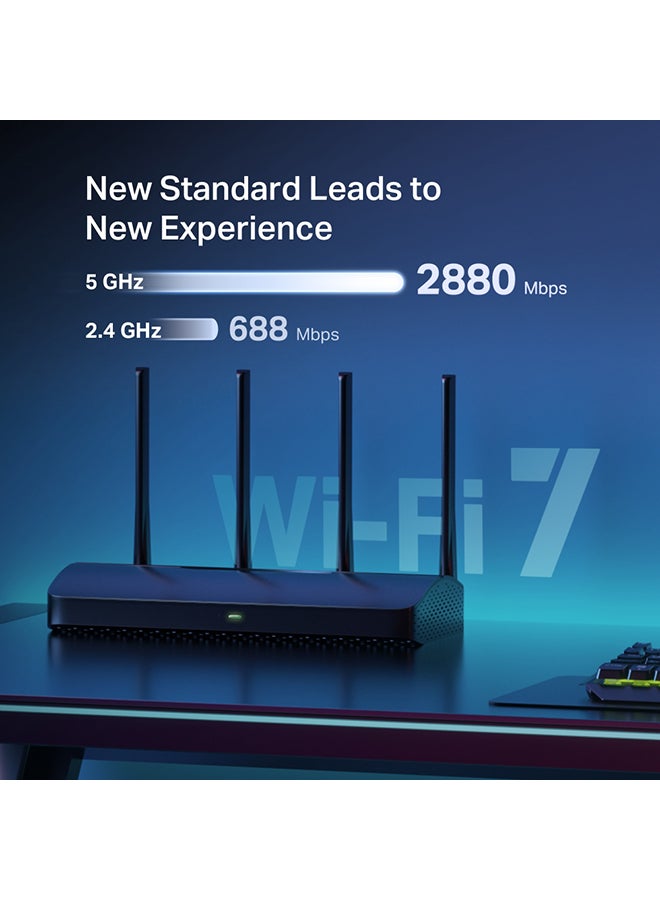 MERCUSYS - MR27BE  BE3600 Fast 3.6 Gbps Dual Band Speed Wi-Fi 7 Router|2× 2.5 Gbps Ports +2× Gigabit Ports|4× Omni Directional High-Gain Antennas|160 MHz Channels|EasyMesh-Compatible|Multi-Link Operation|4K QAM for More Data|Easy App Control Black - Image 1