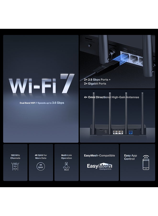 MERCUSYS - MR27BE  BE3600 Fast 3.6 Gbps Dual Band Speed Wi-Fi 7 Router|2× 2.5 Gbps Ports +2× Gigabit Ports|4× Omni Directional High-Gain Antennas|160 MHz Channels|EasyMesh-Compatible|Multi-Link Operation|4K QAM for More Data|Easy App Control Black - Image 1