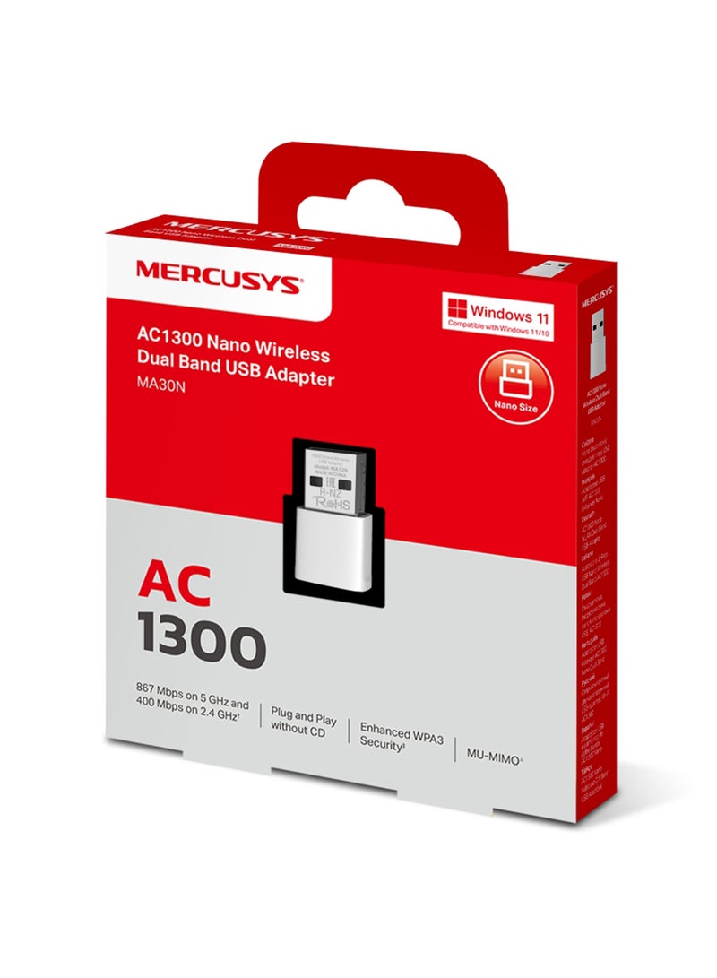 MERCUSYS - MA30N AC1300 Nano Wireless Dual Band Nano Size USB Adapter|Plug and Play without CD|Supports Windows 11|Enhanced WPA3 Security White - Image 1