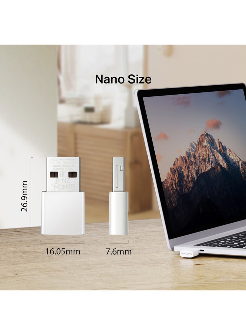 MERCUSYS - MA30N AC1300 Nano Wireless Dual Band Nano Size USB Adapter|Plug and Play without CD|Supports Windows 11|Enhanced WPA3 Security White - Image 1