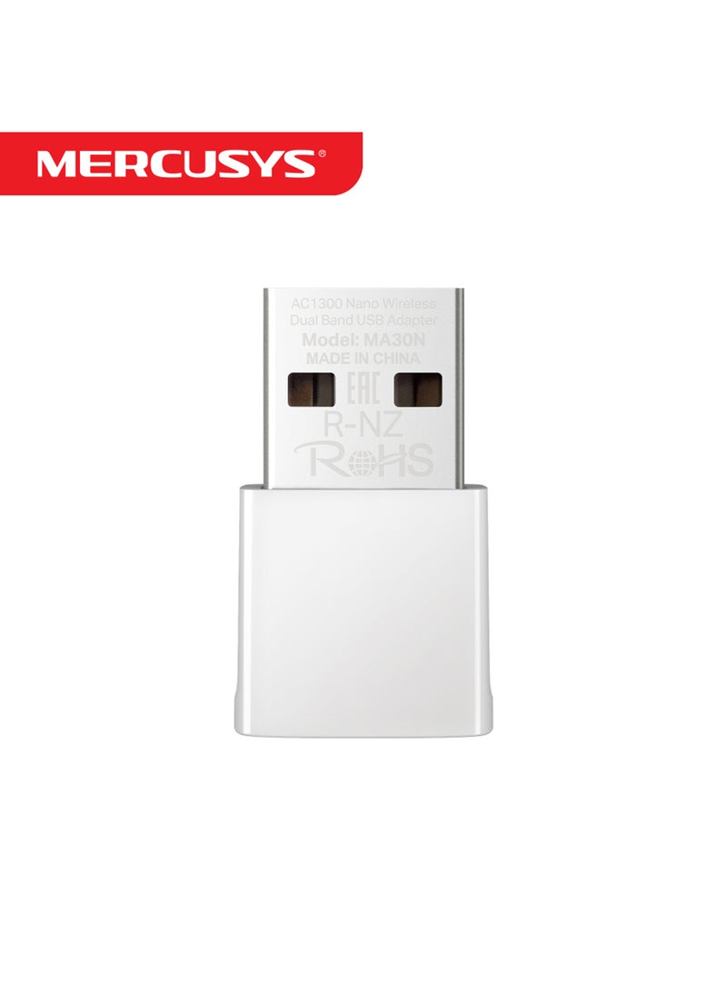 MERCUSYS - MA30N AC1300 Nano Wireless Dual Band Nano Size USB Adapter|Plug and Play without CD|Supports Windows 11|Enhanced WPA3 Security White - Image 1