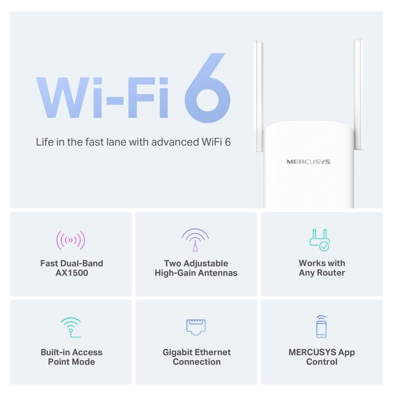 MERCUSYS ME60X AX1500 Wi-Fi 6, Dual Band Range Extender|Speeds up to 1500 Mbps|Two Adjustable High-Gain Antennas|Gigabit Ethernet Connection|Built-in Access Point Mode|Works with Any Router|App Control White - Image 3