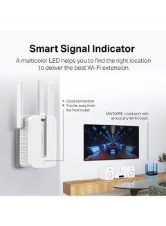ميركوسيس MW300RE 300 Mbps Wi-Fi Range Extender| 3 External Antennas with MIMO Technology|Wireless Coverage at Easy Two-Touch Setup|Miniature Size And Wall-Mounted Design|Smart Signal Indicator Light|App Control White  - Image 5