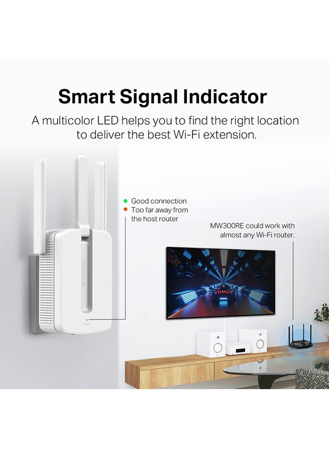 MERCUSYS - MW300RE 300 Mbps Wi-Fi Range Extender| 3 External Antennas with MIMO Technology|Wireless Coverage at Easy Two-Touch Setup|Miniature Size And Wall-Mounted Design|Smart Signal Indicator Light|App Control White - Image 1