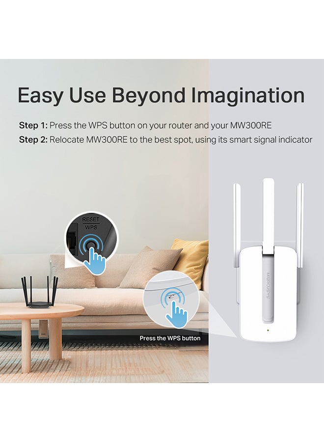 MERCUSYS - MW300RE 300 Mbps Wi-Fi Range Extender| 3 External Antennas with MIMO Technology|Wireless Coverage at Easy Two-Touch Setup|Miniature Size And Wall-Mounted Design|Smart Signal Indicator Light|App Control White - Image 1
