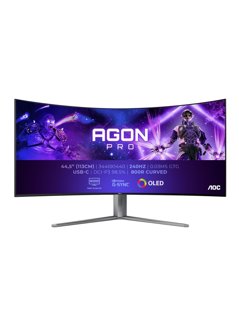 AOC AG456UCZD, 45", OLED 800R Curved Gaming Monitor, WQHD 3440 x 1440, 240Hz, 0.03MS GTG, HDR10, HDMI 2.0, Display Port 1.4, USB-C (90 W PD), USB Hub, Fee Sync Premium, Pro, G-SYNC Compatible, Height Adjustable Stand, Swivel, Tilt Black & Grey  - Image 1