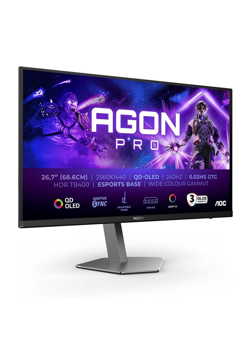 AOC AG276QZD2, 27", QD-OLED Gaming Monitor, QHD 2560 x 1440, 240Hz, 0.03MS GTG, Vesa DisplayHDR  True Black 400, Light FX, Sniper Scope, Dynamic Dial Point, HAS, Green Package, HDMI 2.0, Display Port 1.4, USB Hub, Adaptive Sync, PIB/PIP, Height Adjustable Stand, Swivel, Tilt Black & Grey - Image 1