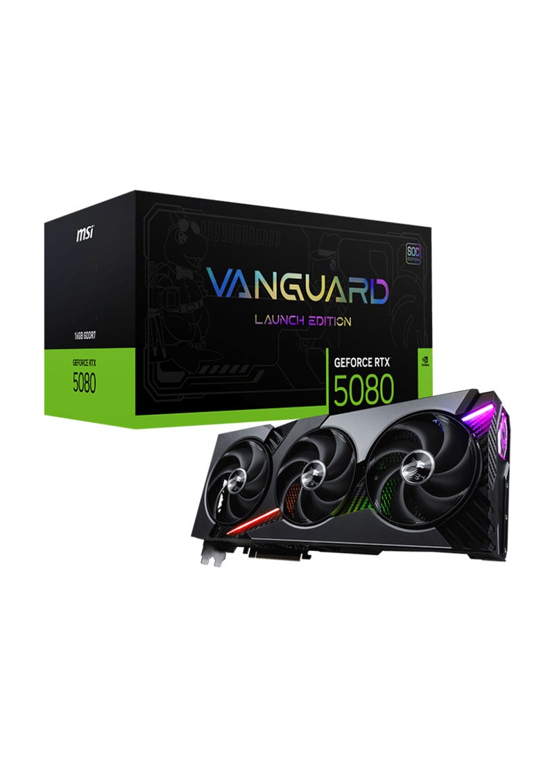 إم اس أي GeForce RTX 5080 16GB GDDR7 VANGUARD SOC Launch Edition, NVIDIA GeForce RTX 5080, PCIe Gen 5, 2745 MHz Core Clock, 10,752 CUDA Cores, 30 Gbps Memory Speed, 256-bit Memory Bus, 16GB GDDR7, DisplayPort 3x (v2.1b), HDMI 1x (2.1b, 4K 480Hz, 8K 120Hz), HDCP Support, 360W Power Consumption, 16-pin Connector, Supports DirectX 12 Ultimate & OpenGL 4.6, G-SYNC® Technology Grey  - Image 1
