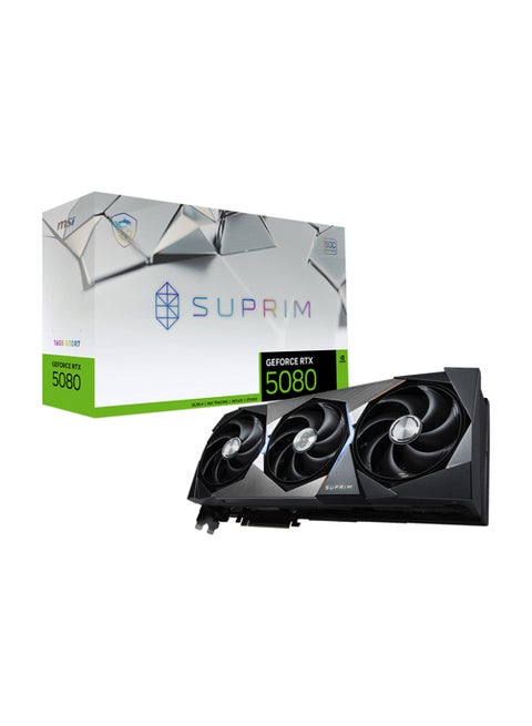 GeForce RTX 5080 16G SUPRIM SOC, 16GB GDDR7, 10752 CUDA Cores, 256-bit Memory Bus, 30 Gbps Memory Speed, PCIe Gen 5 x16, Boost Clock 2745 MHz, DisplayPort 2.1 x3, HDMI 2.1, 4K 480Hz, 8K 120Hz, 360W Power Consumption, 7680 x 4320 Max Resolution, G-SYNC, DirectX 12 Ultimate, OpenGL 4.6 Support Black