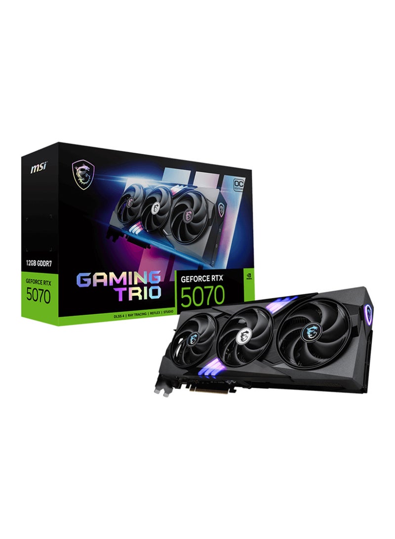 إم اس أي GeForce RTX™ 5070 12G GAMING TRIO OC - G5070-12GTC, NVIDIA GeForce RTX 5070 GPU, PCIe Gen 5, 6144 CUDA Cores, TBD Core Clocks, 12GB GDDR7 Memory (28 Gbps, 192-bit), DisplayPort 3x (v2.1b), HDMI 1x (4K 480Hz/8K 120Hz), HDCP Support, TBD Power Consumption, 16-pin Power Connector, DirectX 12 Ultimate, OpenGL 4.6, Maximum Displays: 4, G-SYNC Technology Grey  - Image 1