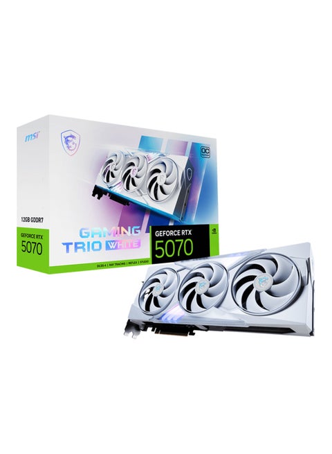 GeForce RTX 5070 12GB GAMING TRIO OC WHITE Graphics Card, NVIDIA GeForce RTX 5070 GPU, PCIe Gen 5, 6144 CUDA Cores, 28 Gbps Memory Speed, 12GB GDDR7, 192-bit Memory Bus, DisplayPort x3, HDMI 2.1b, HDCP Support, 7680x4320 Max Resolution, G-SYNC, 16-pin Power Connector White