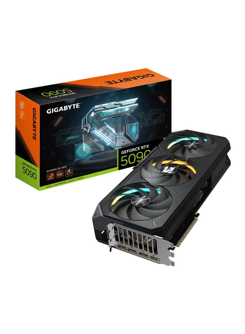 GIGABYTE Gigabyte GeForce RTX™ 5090 GAMING OC 32GB GDDR7 Graphics Card, 2550 MHz Core Clock, 21760 CUDA Cores, PCIe 5.0, 28 Gbps Memory, 512-bit Memory Bus, 7680x4320 Max Resolution, WINDFORCE Cooling, Dual BIOS, RGB Halo, DisplayPort 2.1a x3, HDMI 2.1b x1, Versatile VGA Holder | GV-N5090GAMING OC-32GD Black  - Image 1