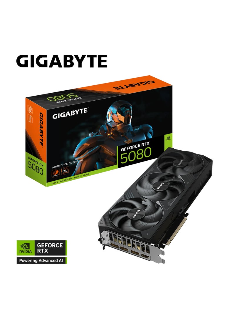 GIGABYTE GeForce RTX™ 5080 WINDFORCE OC SFF 16GB GDDR7 Graphics Card, 2670 MHz Core Clock, 30 Gbps Memory Clock, PCI-E 5.0, 256-bit Memory Bus, 7680 x 4320 Max Resolution, 4 Multi-view, Dual BIOS (Performance/Silent), WINDFORCE Cooling, HDMI 2.1b & DisplayPort 2.1a Outputs, ATX Form Factor, Includes VGA Holder & 12V-2x6 to 3x PCIe 8pin Adapter | GV-N5080WF3OC-16GD Grey - Image 2