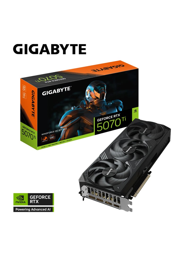 GeForce RTX™ 5070 Ti WINDFORCE OC SFF 16G Graphics Card - NVIDIA Blackwell Architecture, 16GB GDDR7, 256-bit Memory, 28 Gbps Memory Clock, PCI-E 5.0, 7680 x 4320 Digital Resolution, 4 Multi-View, ATX Form Factor, DirectX 12 API, OpenGL 4.6, 1x 16-pin Power Connector, 3x DisplayPort 2.1a, 1x HDMI 2.1b, Dual BIOS (Performance/Silent), WINDFORCE Cooling System, Hawk Fan, Server-Grade Thermal Conductive Gel, Versatile VGA Holder Included | GV-N507TWF3OC-16GD Black