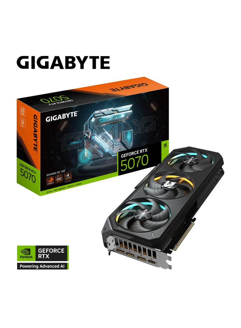GIGABYTE - GeForce RTX™ 5070 GAMING OC 12G - 12GB GDDR7, 28 Gbps, 192-bit, PCI-E 5.0, DLSS 4, 7680x4320 Resolution, WINDFORCE Cooling, Dual BIOS, RGB Halo, DisplayPort 2.1a x3, HDMI 2.1b x1, ATX Form Factor | GV-N5070GAMING OC-12GD Black - Image 1