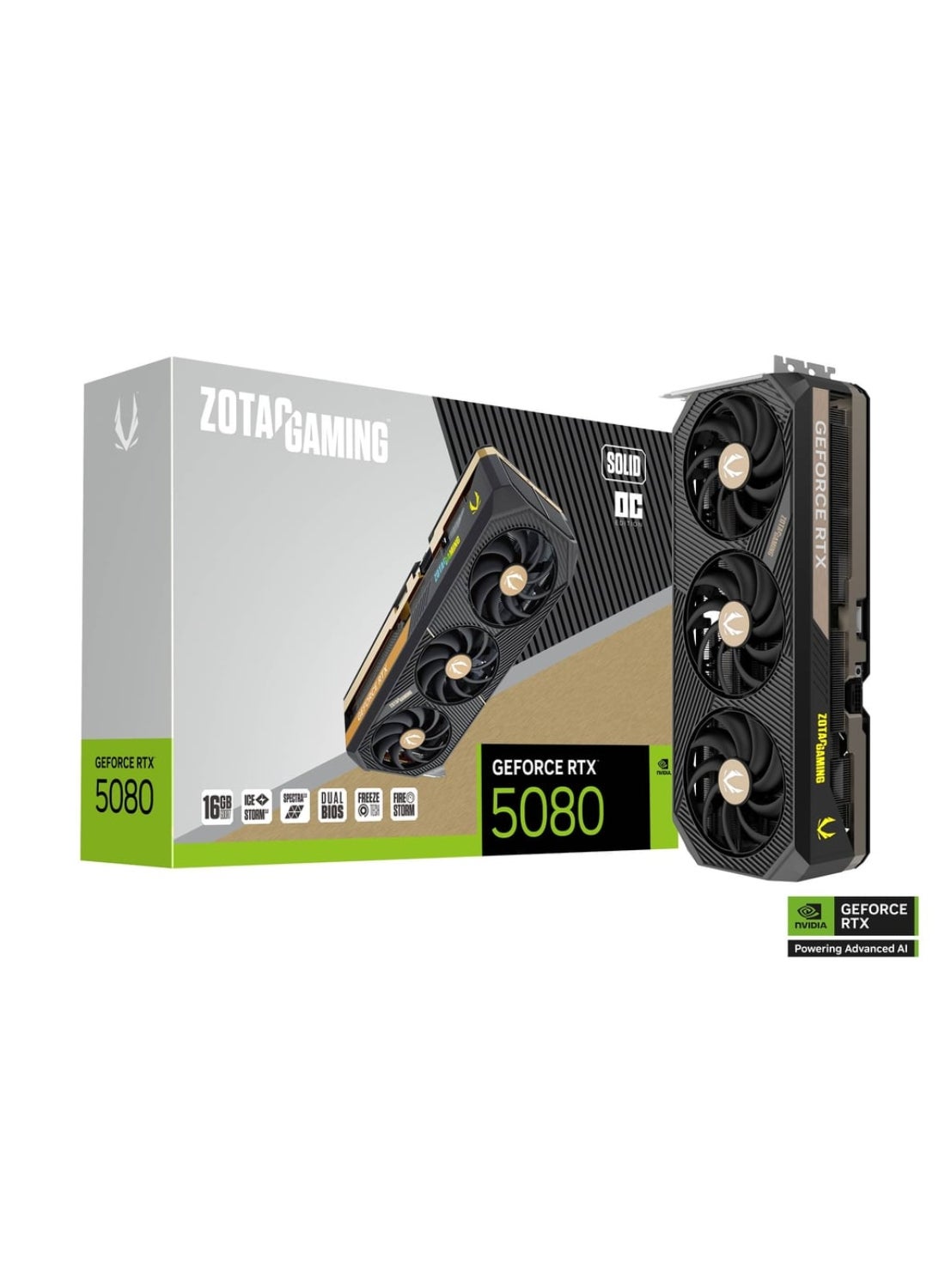 GAMING GeForce RTX 5080 SOLID OC Graphics Card, 16GB GDDR7, 10752 CUDA Cores, 2640 MHz Engine Clock, IceStorm 3.0 Cooling, PCIe 5.0 x16, 3x DisplayPort 2.1b, 1x HDMI 2.1, 850W PSU Recommended, 360W Power Consumption, Quad Display Support, DirectX 12 Ultimate | ZT-B50800J-10P Black