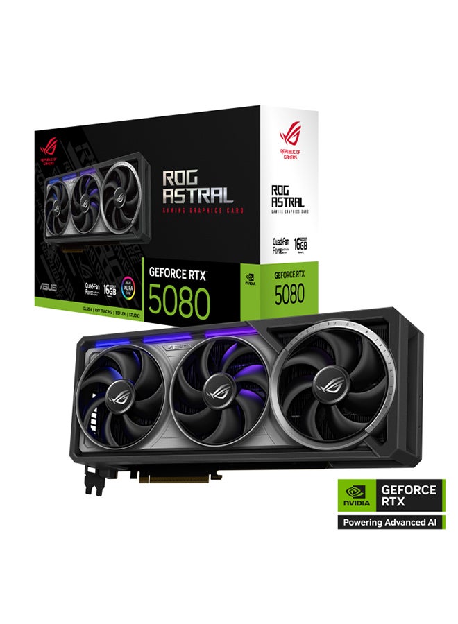 أسوس - ROG Astral NVIDIA® GeForce RTX™ 5080 16GB GDDR7 Gaming Graphics Card – 10752 CUDA Cores, PCIe 5.0, OpenGL® 4.6, 7680x4320 Max Resolution, 30 Gbps Memory Speed, 3 x DisplayPort 2.1b, 2 x HDMI 2.1b, 850W PSU Recommended, AURA SYNC ARGB, 3.8 Slot Design, Includes GPU Tweak III, ROG Accessories & Cable Adapter Black - Image 1