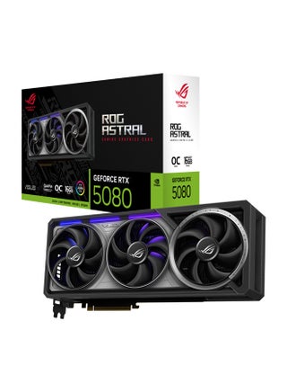 ROG Astral GeForce RTX™ 5080 16GB GDDR7 OC Edition, PCIe 5.0, 10752 CUDA Cores, 2790 MHz Boost Clock, 30 Gbps Memory Speed, 4K/8K Ready, 7680 x 4320 Max Resolution, 3 x DisplayPort 2.1b, 2 x HDMI 2.1b, 1899 TOPs AI Performance, ARGB, 850W PSU Recommended, 3.8 Slot, No NVLink Support, AURA SYNC Compatible, with Accessories | 90YV0LV0-M0NA00 Black - pnsku/N70147772V/45/_/1744380501/9567160e-21ff-45be-bcc7-e2039af273b5