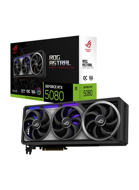 ROG Astral GeForce RTX™ 5080 16GB GDDR7 OC Edition, PCIe 5.0, 10752 CUDA Cores, 2790 MHz Boost Clock, 30 Gbps Memory Speed, 4K/8K Ready, 7680 x 4320 Max Resolution, 3 x DisplayPort 2.1b, 2 x HDMI 2.1b, 1899 TOPs AI Performance, ARGB, 850W PSU Recommended, 3.8 Slot, No NVLink Support, AURA SYNC Compatible, with Accessories | 90YV0LV0-M0NA00 Black