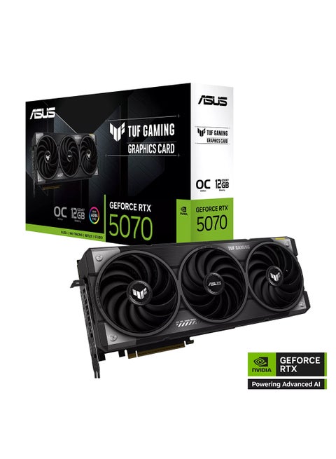 TUF Gaming RTX 5070 OC Edition O12G - 12GB GDDR7, 6144 CUDA Cores, PCIe 5.0, DisplayPort 2.1b x3, HDMI 2.1b x2, 28Gbps Memory Speed, 4K/8K Support, ARGB, 750W PSU Recommended, 3.125 Slot, TUF Series with AURA SYNC, 16-pin Power Connector, Includes Graphics Card Holder & Accessories Black