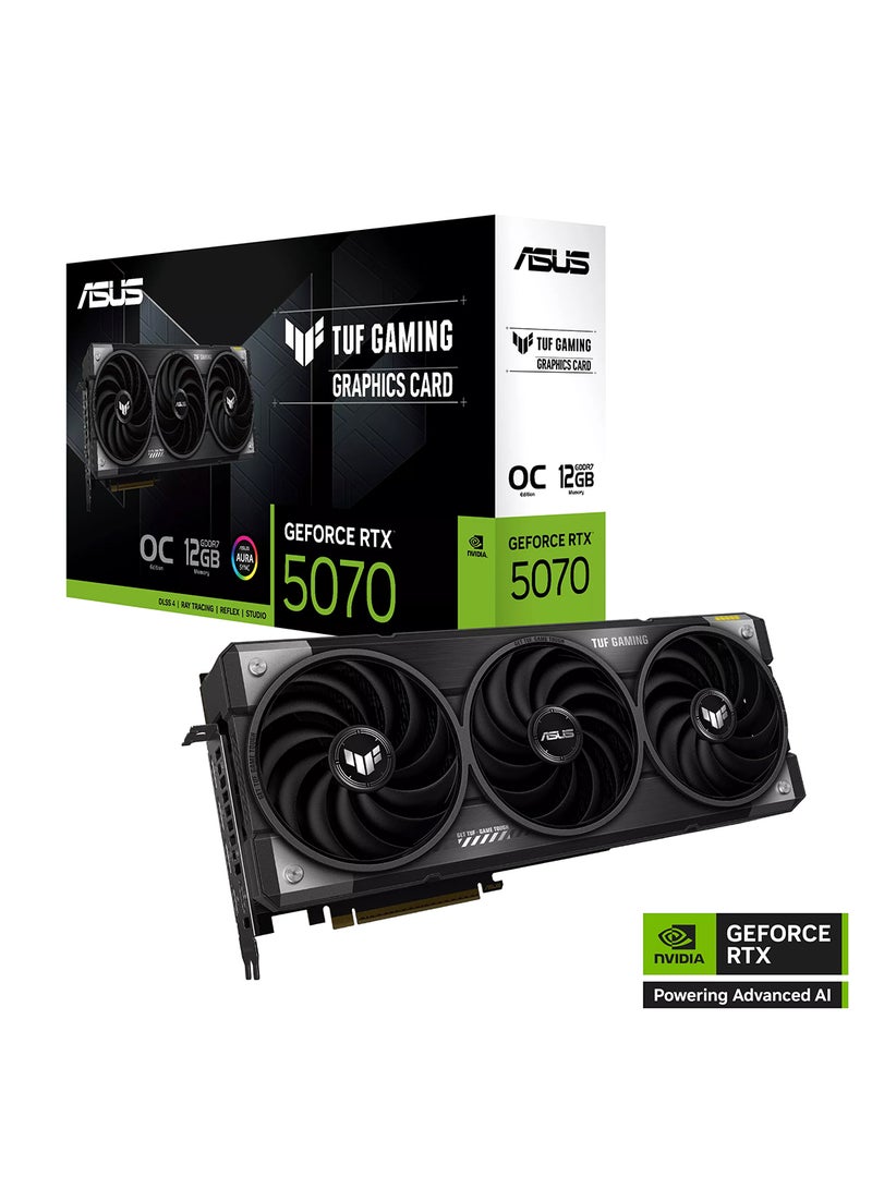 ASUS - TUF Gaming RTX 5070 OC Edition O12G - 12GB GDDR7, 6144 CUDA Cores, PCIe 5.0, DisplayPort 2.1b x3, HDMI 2.1b x2, 28Gbps Memory Speed, 4K/8K Support, ARGB, 750W PSU Recommended, 3.125 Slot, TUF Series with AURA SYNC, 16-pin Power Connector, Includes Graphics Card Holder & Accessories Black - Image 1