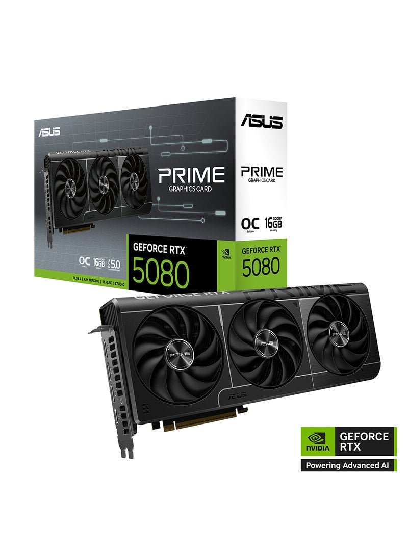 أسوس Prime GeForce RTX 5080 OC Edition 16GB GDDR7 Graphics Card, PCIe 5.0, 10752 CUDA Cores, 30Gbps Memory Speed, HDMI 2.1b, DisplayPort 2.1b, 4 Display Support, 850W PSU Recommended, 16-pin Power Connector, 2.5 Slot, 8K Resolution, Speedsetup Manual & Accessories Included Black - Image 1