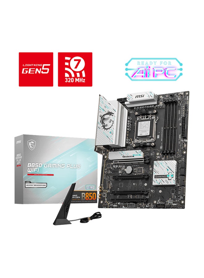 MSI - B850 GAMING PLUS Wi-Fi Motherboard, AMD B850 Chipset, AM5 Socket, Supports Ryzen™ 9000/8000/7000 Series CPUs, 4x DDR5 UDIMM Slots (Up to 256GB, 8200MHz OC), PCIe 5.0 x16, PCIe 4.0 x4, 3x M.2 Slots, 5G LAN, Wi-Fi 7, Bluetooth 5.4, 7.1-Channel Audio, USB 2.0/5Gbps/10Gbps, RGB LED, EZ Debug LED | 911-7E56-001 Black/White - Image 1