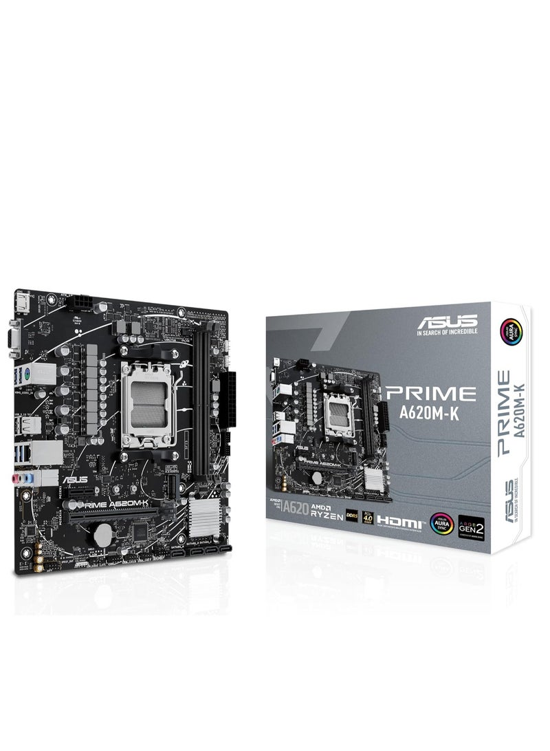 ASUS PRIME A620 micro-ATX motherboard AMD , DDR5, PCIe 4.0 Graphics card and PCIe 4.0 M.2 support, HDMI™, VGA, USB 3.2 Gen 1 Type-A, SATA 6 Gbps, Two-Way AI Noise Cancelation, Aura Sync  - Image 1