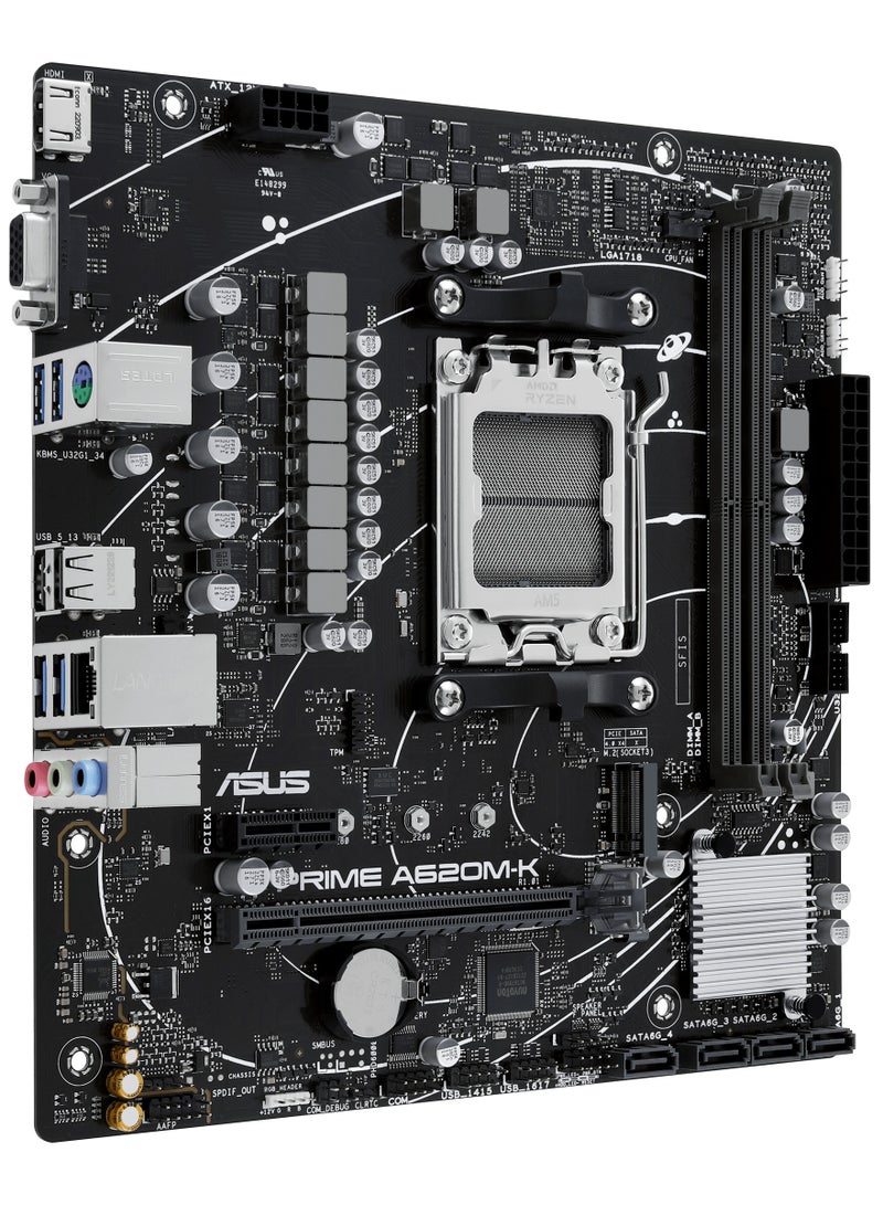 ASUS PRIME A620 micro-ATX motherboard AMD , DDR5, PCIe 4.0 Graphics card and PCIe 4.0 M.2 support, HDMI™, VGA, USB 3.2 Gen 1 Type-A, SATA 6 Gbps, Two-Way AI Noise Cancelation, Aura Sync  - Image 5