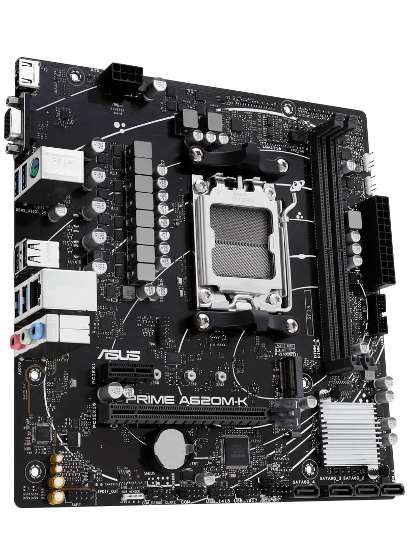 ASUS PRIME A620 micro-ATX motherboard AMD , DDR5, PCIe 4.0 Graphics card and PCIe 4.0 M.2 support, HDMI™, VGA, USB 3.2 Gen 1 Type-A, SATA 6 Gbps, Two-Way AI Noise Cancelation, Aura Sync  - Image 2