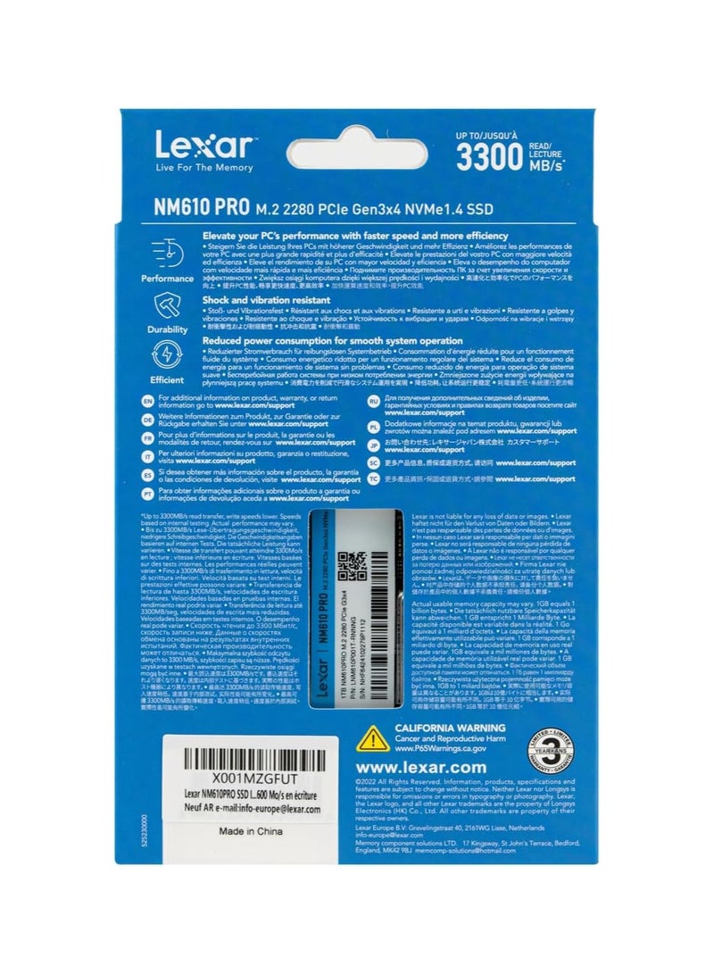 Lexar - NM610PRO SSD, M.2 2280 PCIe Gen3x4 NVMe 1.4 SSD 1TB Internal, Up to 3300MB/s Reading, 2600MB/s Write, 3D NAND Flash Drives for Notebook, Desktop, PC 1 TB - Image 1