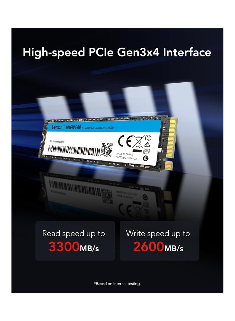 Lexar - NM610PRO SSD, M.2 2280 PCIe Gen3x4 NVMe 1.4 SSD 1TB Internal, Up to 3300MB/s Reading, 2600MB/s Write, 3D NAND Flash Drives for Notebook, Desktop, PC 1 TB - Image 1