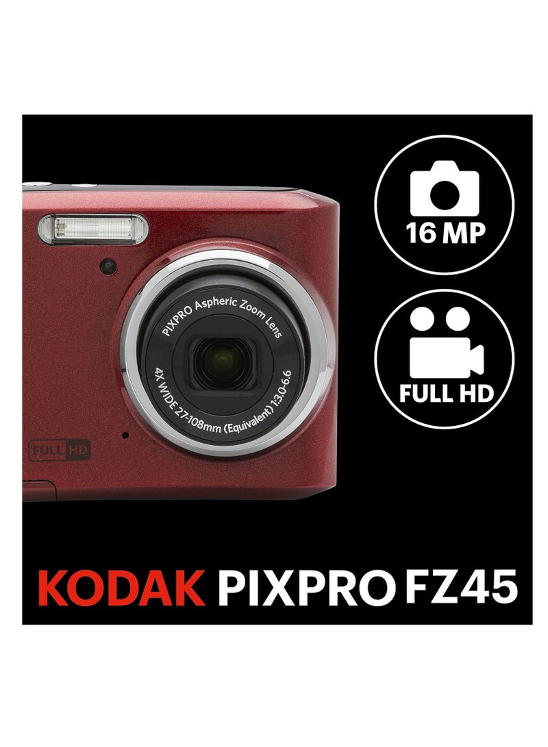 كوداك - PIXPRO FZ45-RD 16MP Digital Camera 4X Optical Zoom 27mm Wide Angle 1080P Full HD Video 2.7" LCD Vlogging Camera Red - Image 1