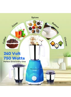 SONASHI 3-in-1 Mixer Grinder - Powerful Motor with 3 Speed Setting and Pulse | Sleek and Stainless Steel Jars with Leak Proof Lid | Perfect for making Smoothies, Milkshakes, and Grinding Beans, Coconut, Nuts, Etc 1.5 L 750 W SB-151SS Blue  - Image 4