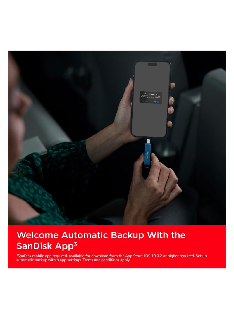 Sandisk - 128GB Phone Drive for iPhone - The 2-in-1 USB for iPhone,iPad, and Computer - Flash Drive with Lightning and USB Type-C Connectors,Write Speed 120 MBps, Metallic Sky - SDIXD0N-128G-GN6NE 128 GB - Image 1