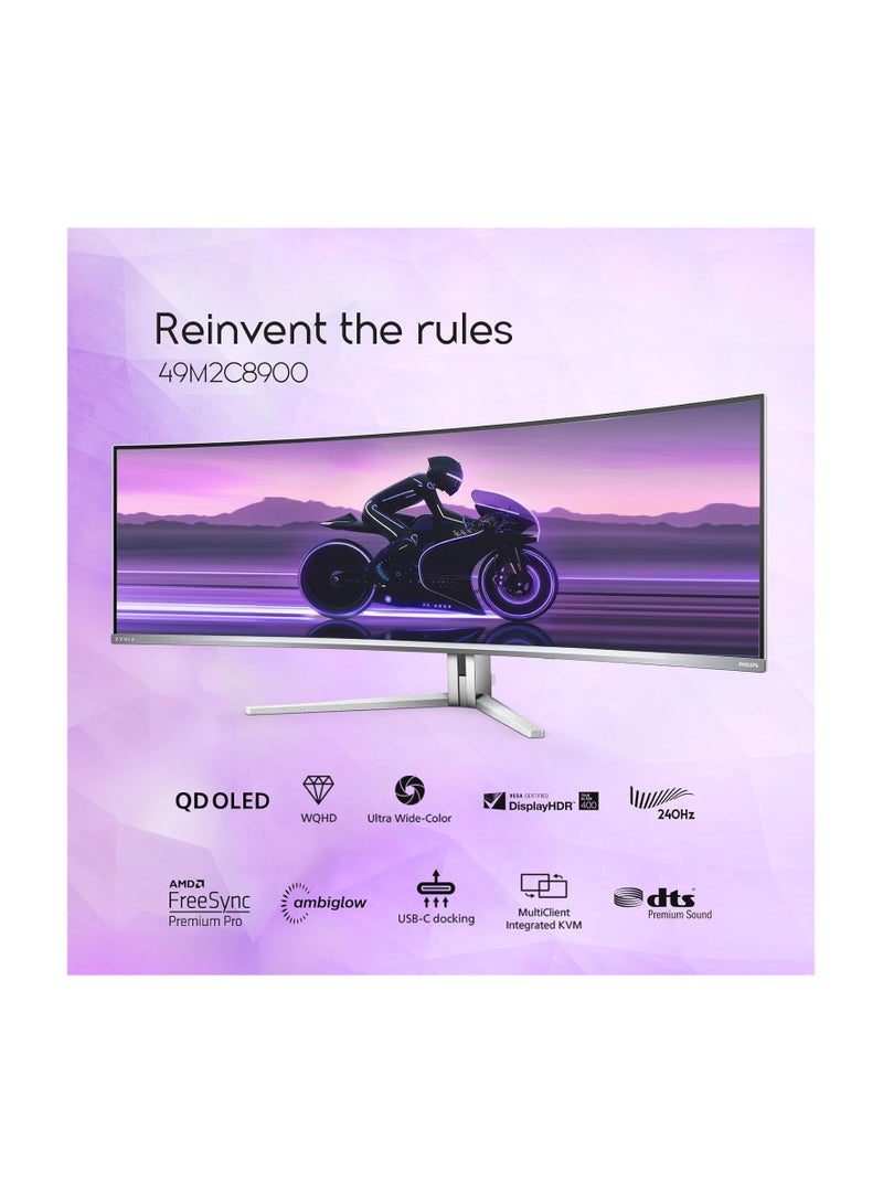 Philips - 49" Inch Evnia 49M2C8900 QD OLED Curved Gaming Monitor, Wide Dual QHD, 240Hz, AMD FreeSync Premium Pro, USB-C Docking, Built in KVM, Height Adjustable, Xbox PS5 Switch Compatible, 4-Year Warranty White - Image 1